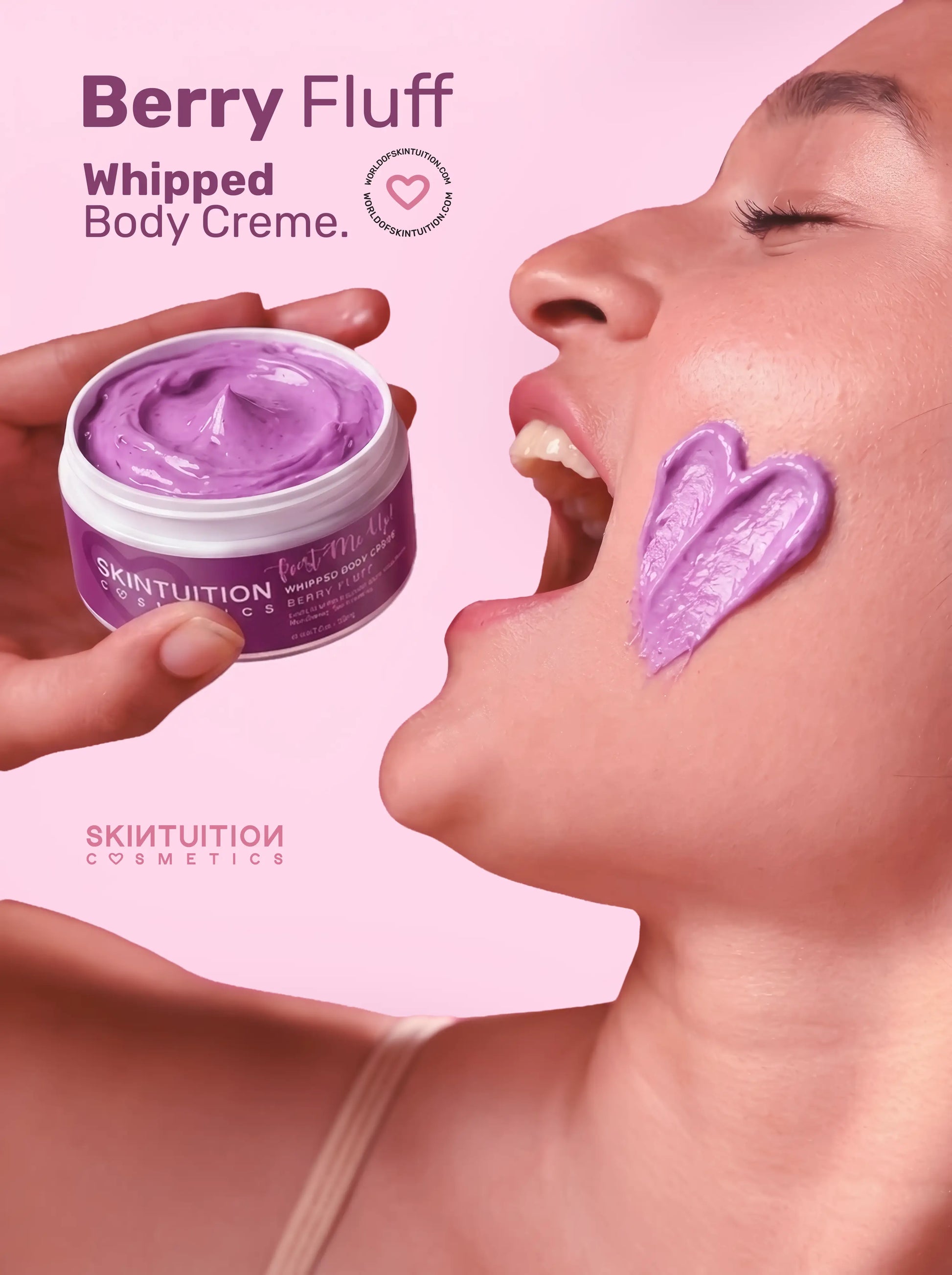 Applying Berry Fluff whipped body cream on skin for a soft glowing finish, non-greasy moisturizer by Skintuition Cosmetics