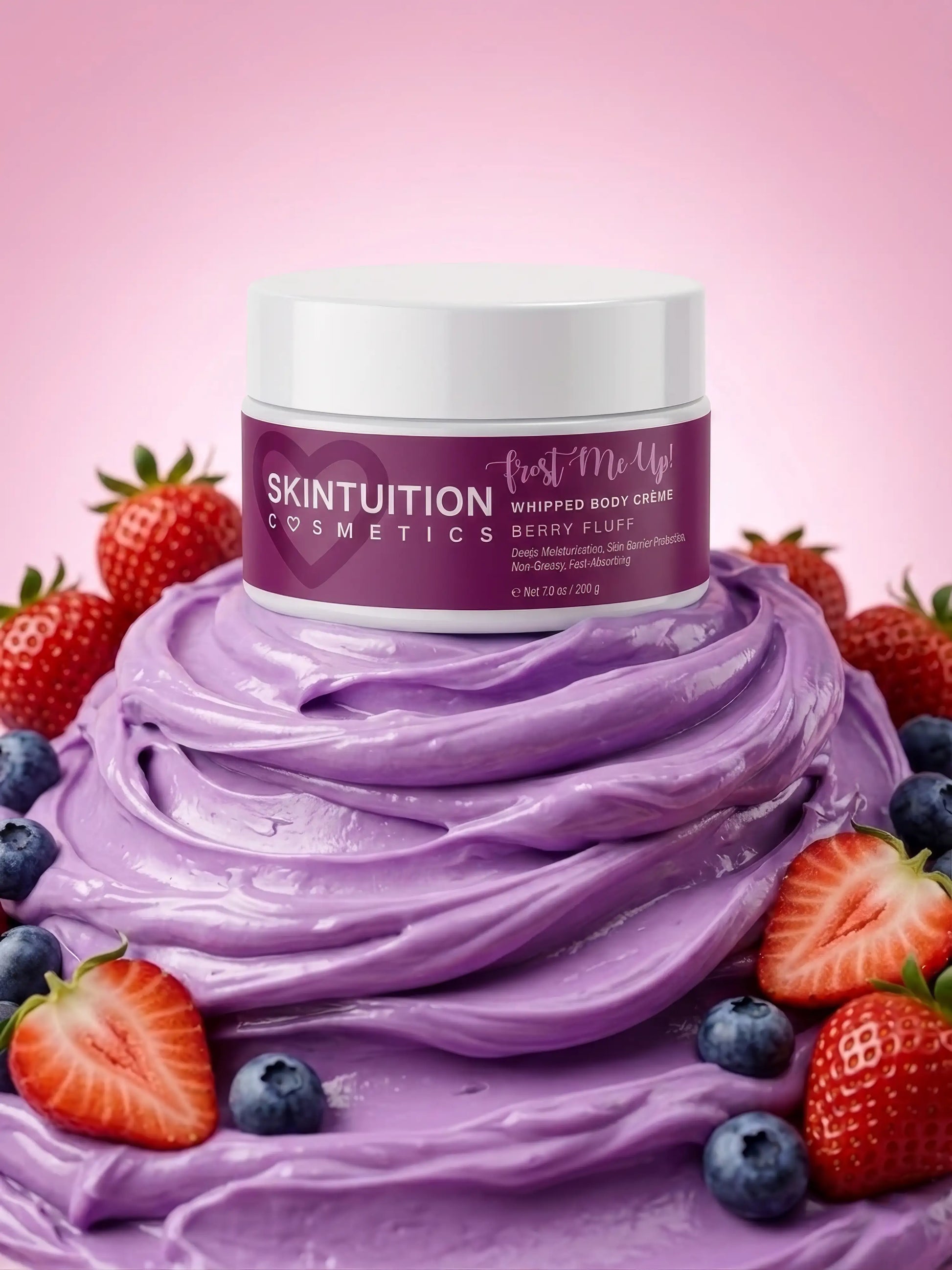 Berry infused whipped body butter texture with strawberries and blueberries for deep hydration and glowing skin