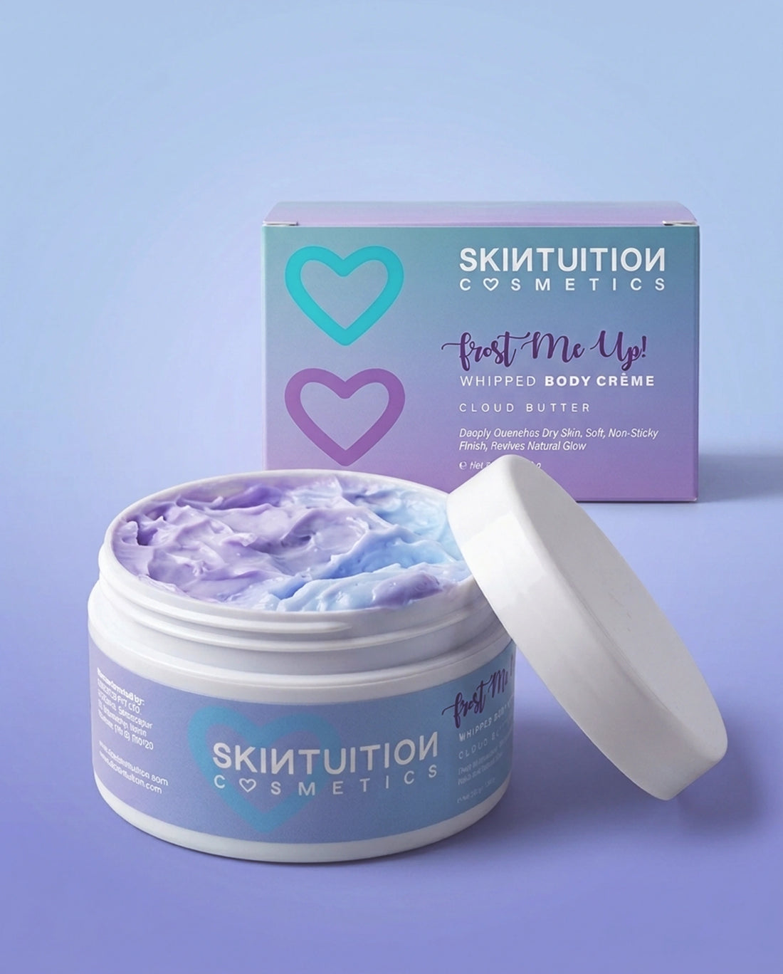 Cloud Butter whipped body cream jar and packaging by Skintuition Cosmetics on pastel background
