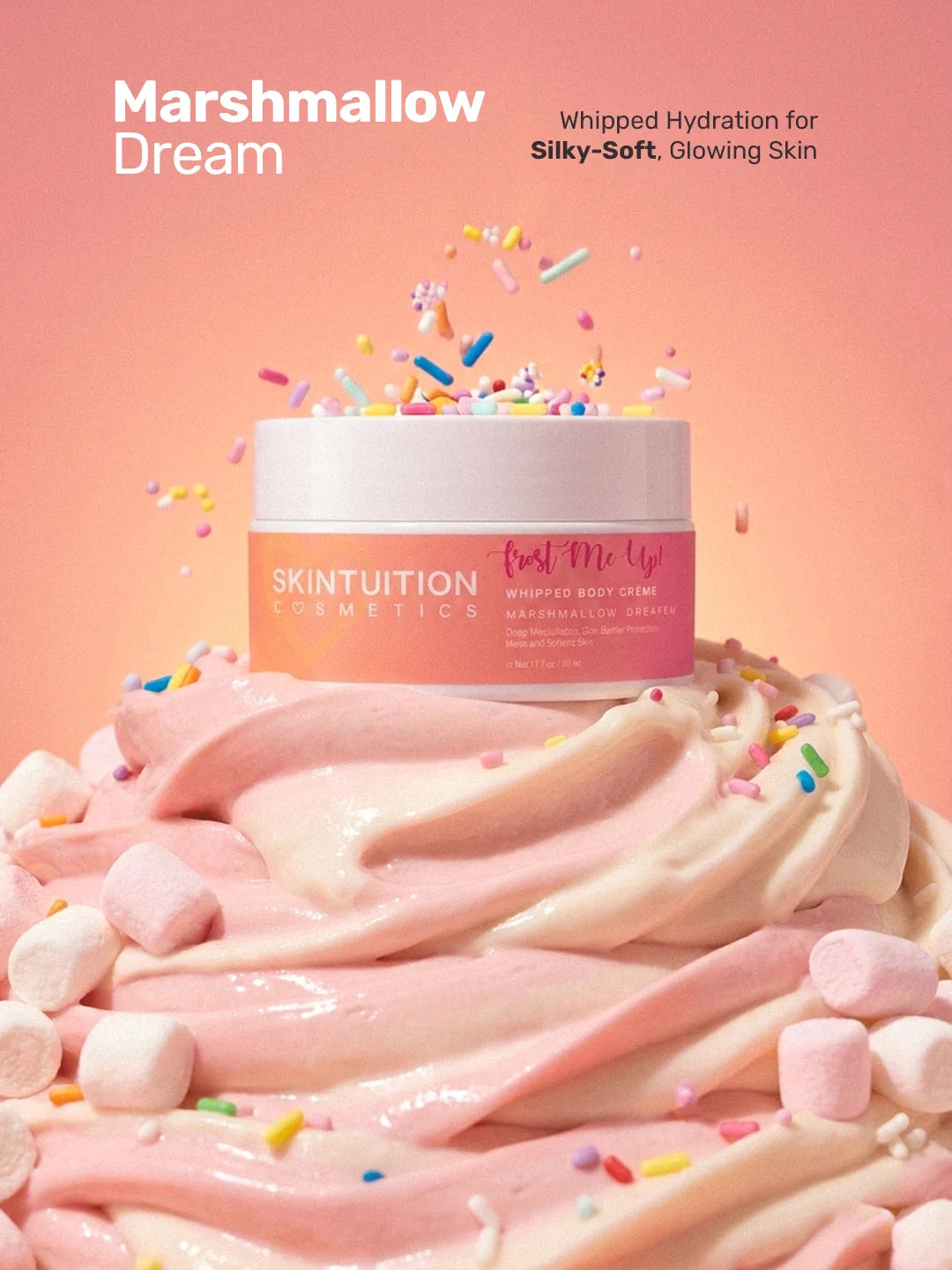 Fluffy whipped body butter texture of Marshmallow Dream moisturizing body cream by Skintuition Cosmetics