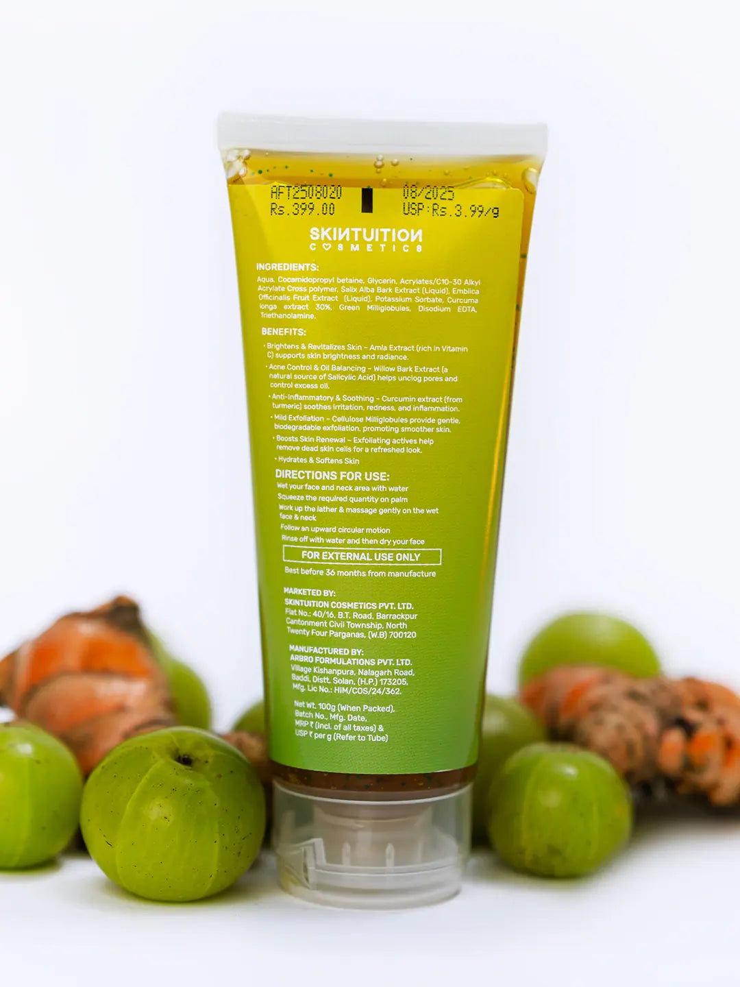 Back label of Skintuition Cosmetics Amla & Curcumin face cleanser showing ingredients and directions