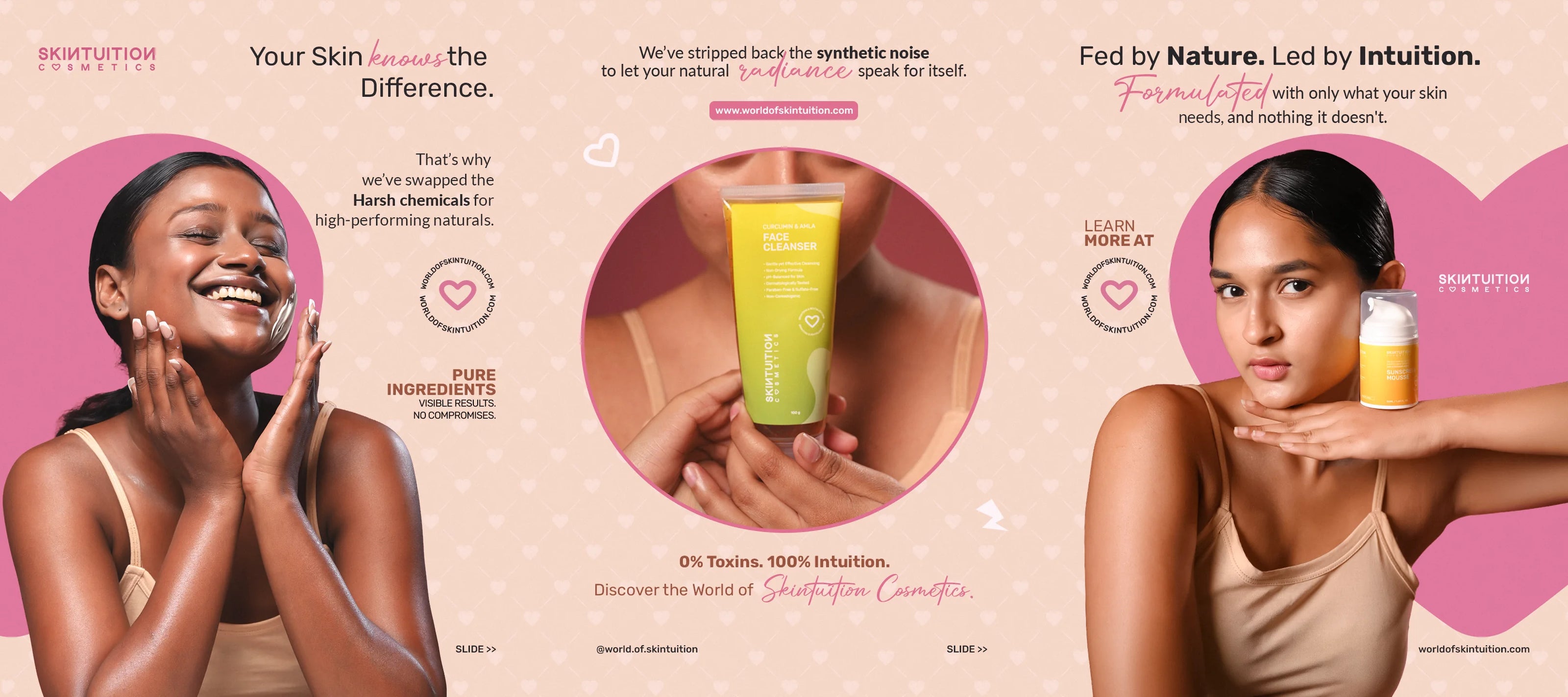 Skintuition Cosmetics brand banner showcasing clean skincare products and models with radiant skin. The imagery emphasizes natural ingredients, toxin-free formulas, and the brand philosophy: 'Fed by Nature, Led by Intuition.