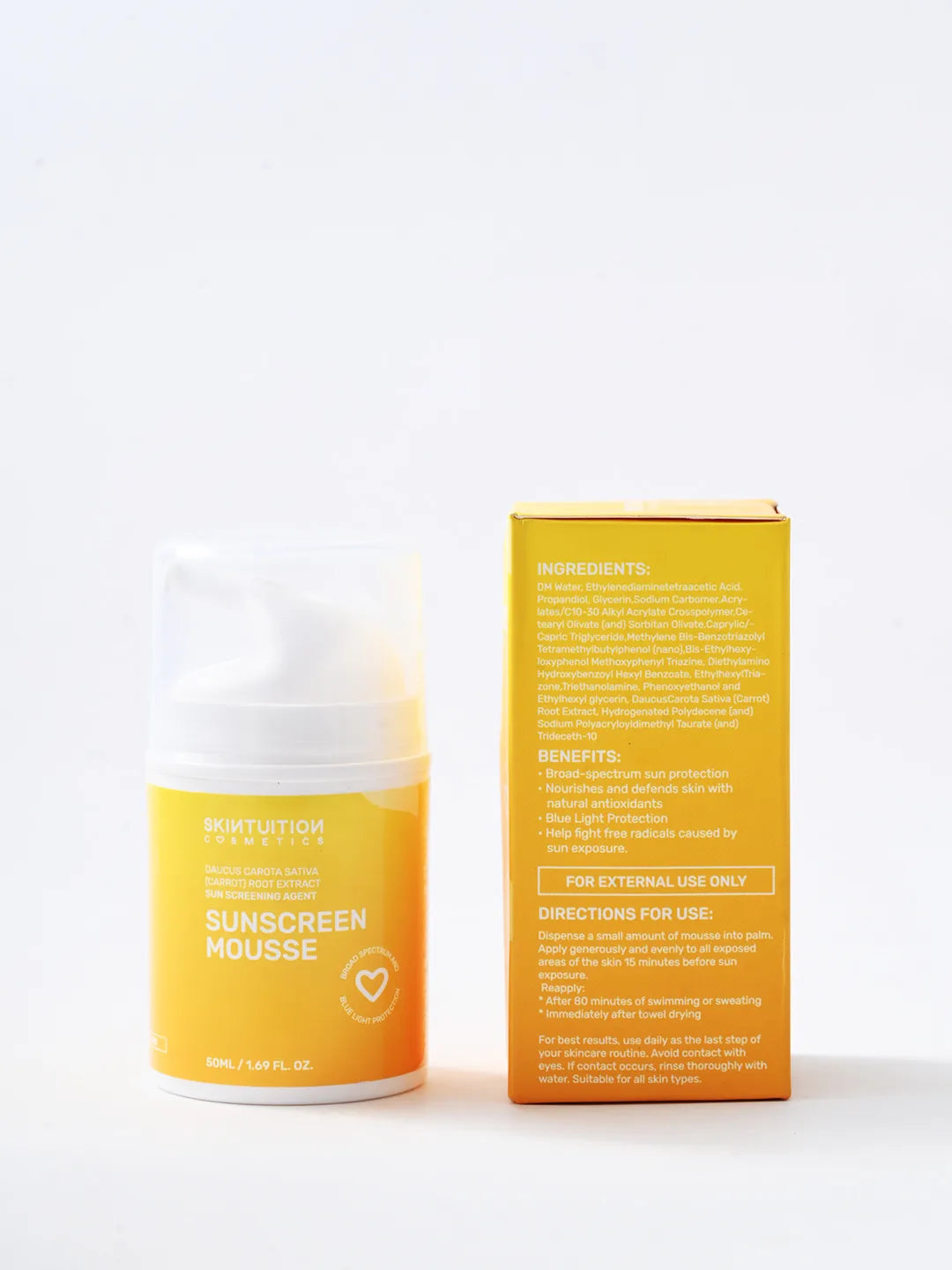 Skintuition Cosmetics sunscreen mousse bottle and packaging