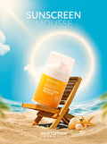 SPF 50 PA+++ sunscreen mousse beach skincare advertisement
