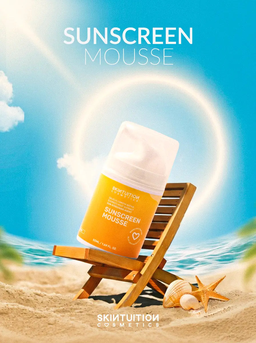SPF 50 PA+++ sunscreen mousse beach skincare advertisement